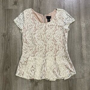 Central Park West Blouse Women Size Large Beige Taupe Floral Lace Zip Top